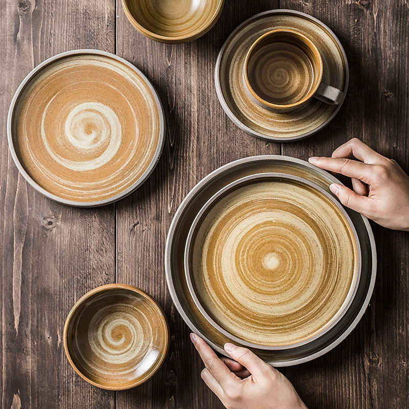 

1PCS Japanese Coarse Ceramic Dinnerware Set Round Steak Tray Retro Rice Bowl Flat Plate Tableware Dishes Sushi Tray Coffee Cup