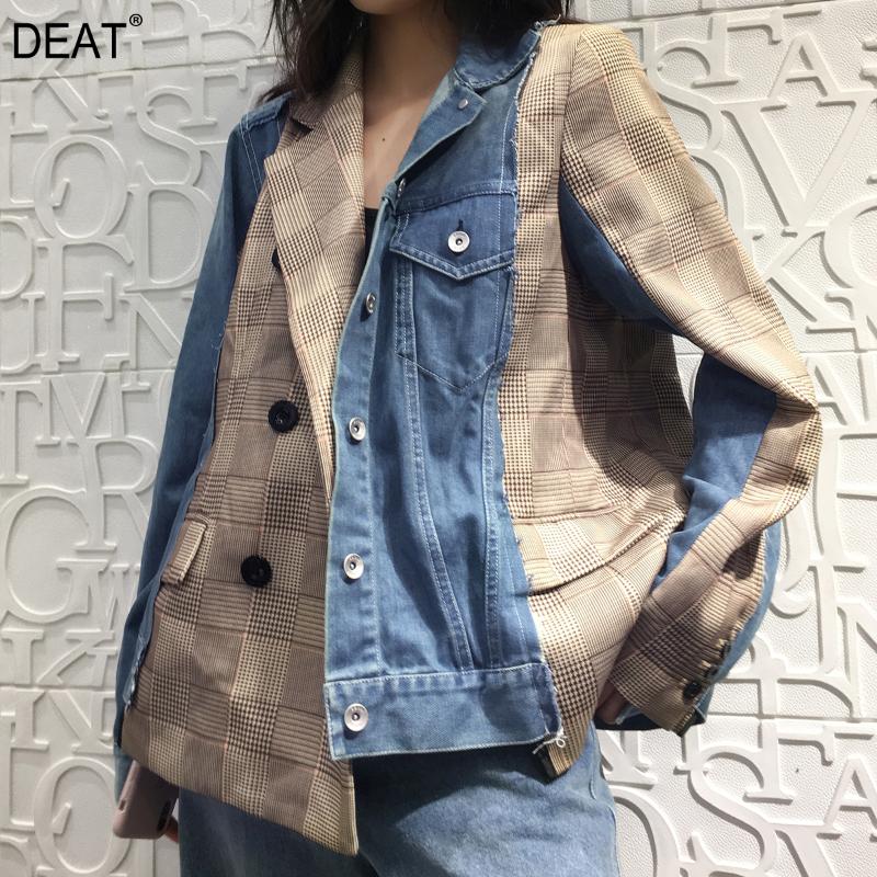 

DEAT 2019 new summer fashion women clothes autumn jacket pleated denim split spliced double breasted short coat WG15305L, As picture