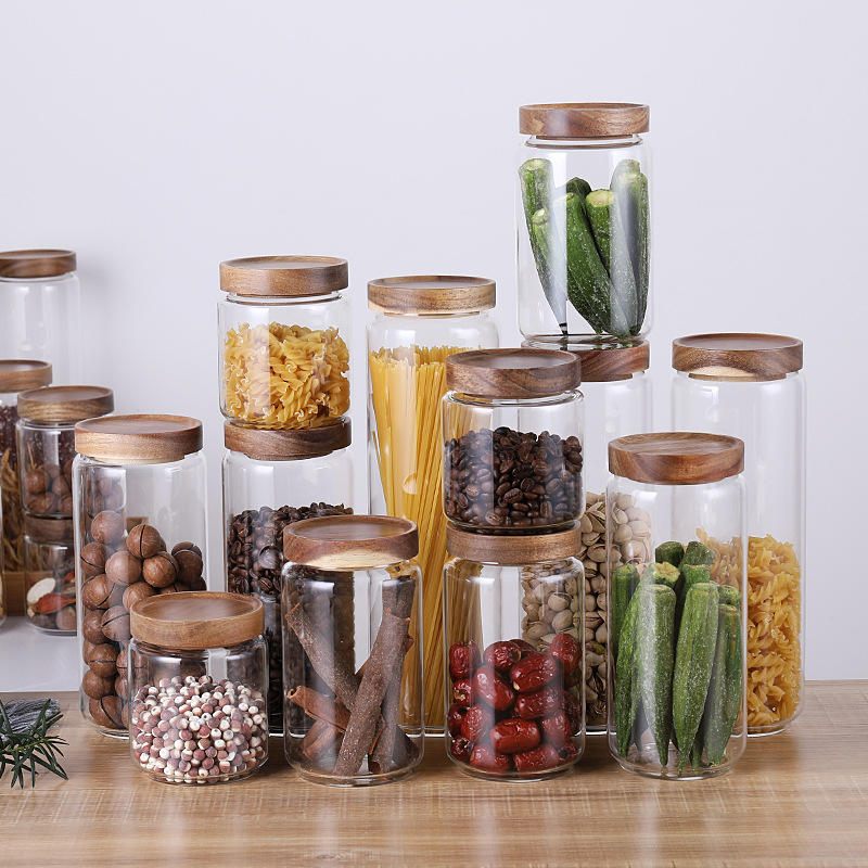 

Multipurpose Home Kitchen Spices Storage Jar Dustproof Moisture Proof with Lid Bamboo Glass Airtight Canister Storage Bottles