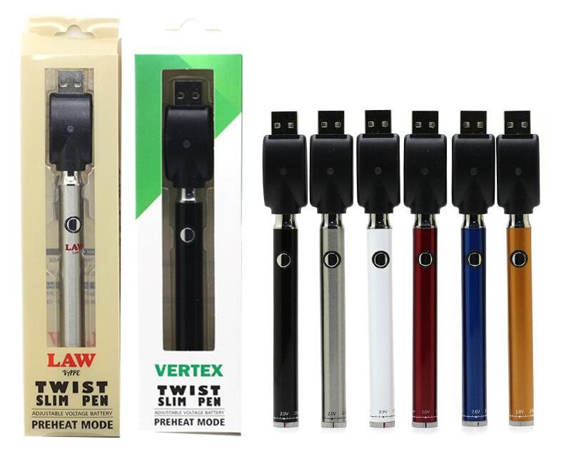 

2019 Vertex Law Preheat VV Battery Bottom Twist 350mAh Vape Pen Variable Voltage USB Charger Battery Kit For 510 Thread Thick Oil Cartridges