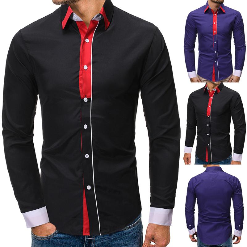 

Mens Dress Shirts Fashion Color Contrast Stitching Casual Long - Sleeved Slim Fit Shirt, Black