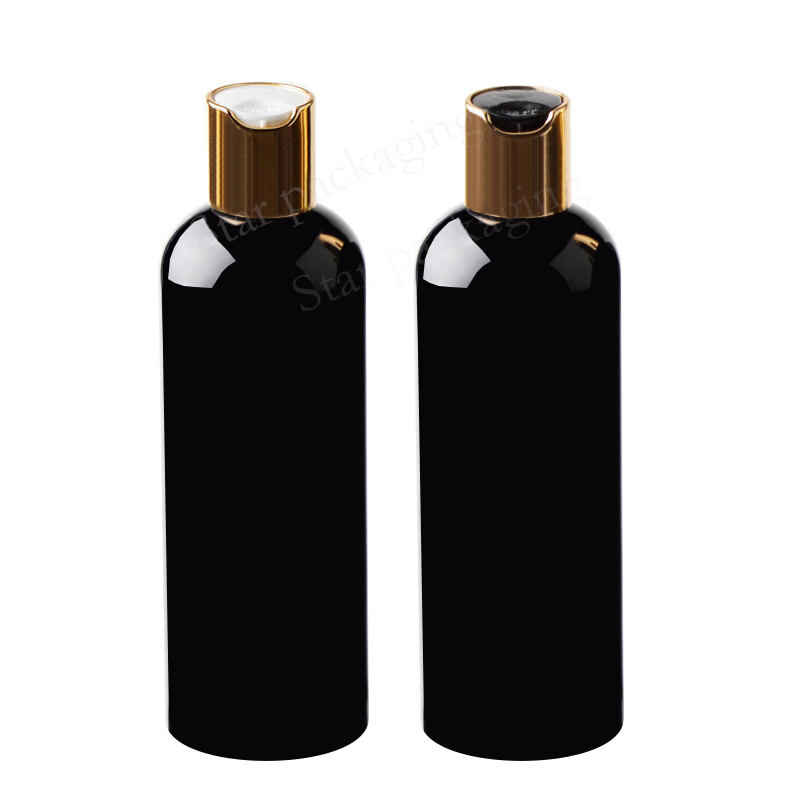 

30pcs 300ml black empty gold disc top cosmetic PET lotion bottles 300cc shampoo plastic bottle with cap