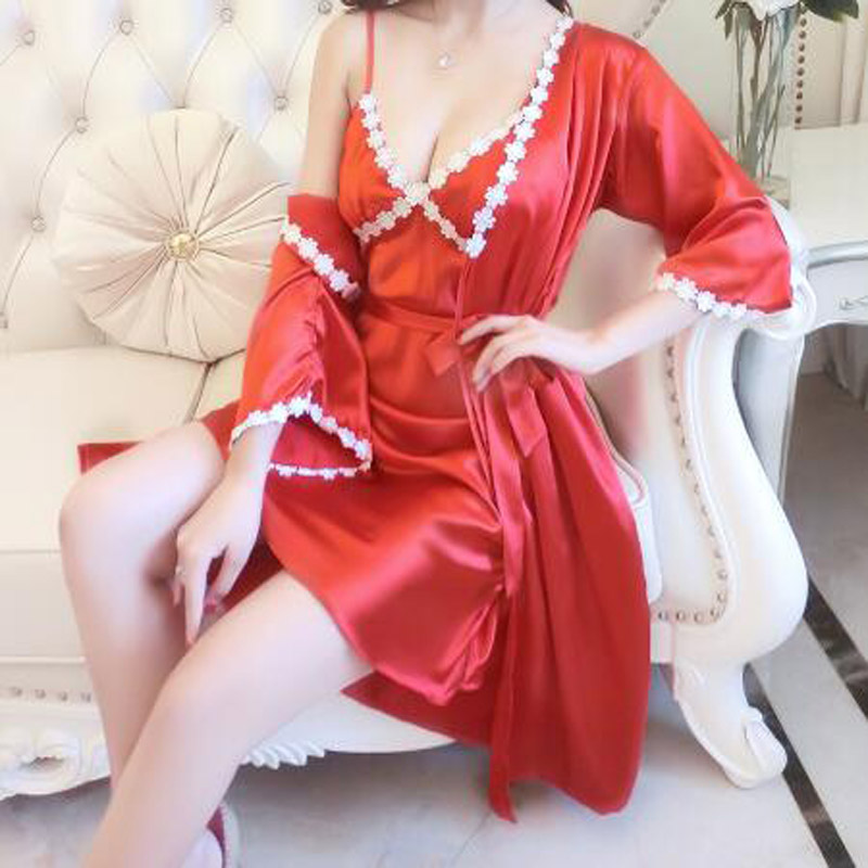 

Women Summer Sense Silk Pajamas Nightdress Two-piece Lace Silk Thin Section Spring And Autumn Home Nightdress, Red