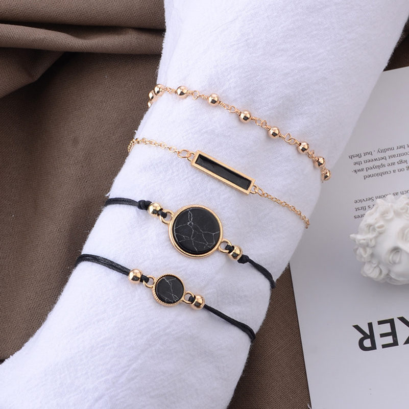 

Bohemian Gold chains Square Multilayer Bracelets Black Stone Stackable Bracelet jewelry Set Beach Jewelry for Women Will and Sandy, Golden;silver
