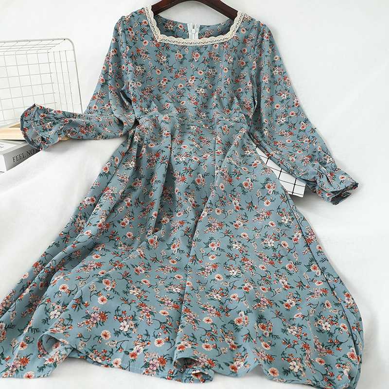 

winter new floral women dresses o-neck long-sleeved slim A-line chiffon elegant female lady dresses top quality, See chart