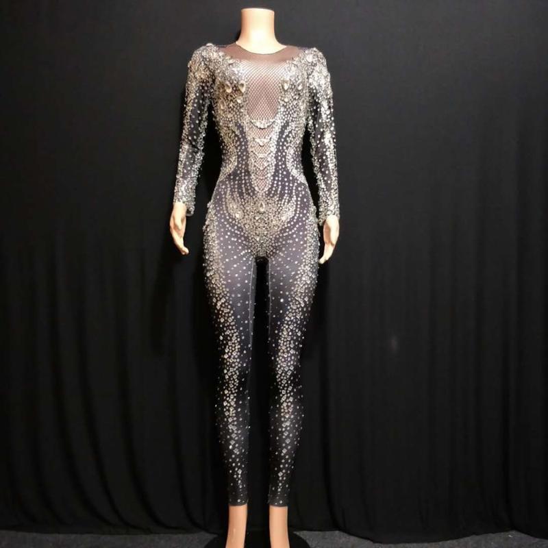 

Sexy Stretch Rhinestones Party Jumpsuits Women Long Sleeve Crystal Skinny Romper Black Nightclub Prom Celebration Dance Bodysuit