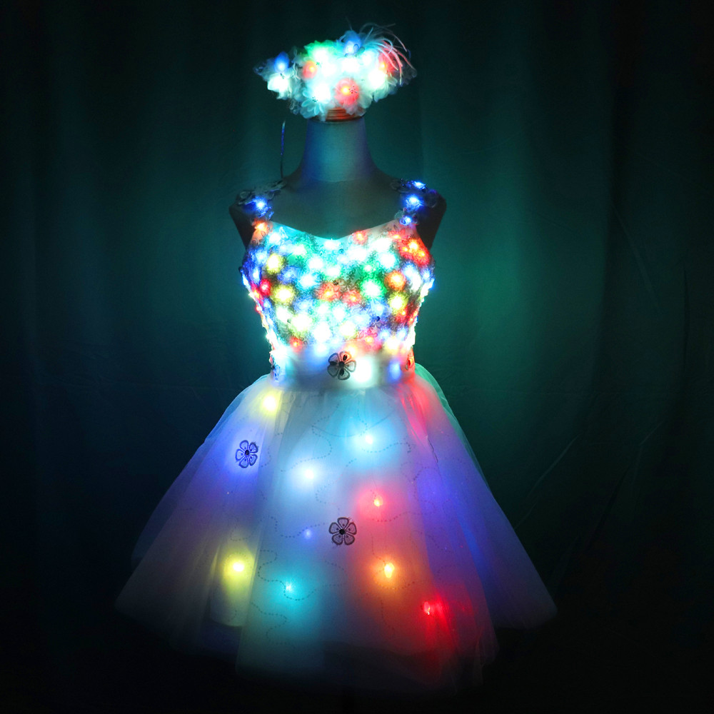LED Luminous Dress Glowing Wedding Dress Clothes Luminous Headwear Short Low Cut Group Skirt Women Ballroom Dance Clothing-image-535833728