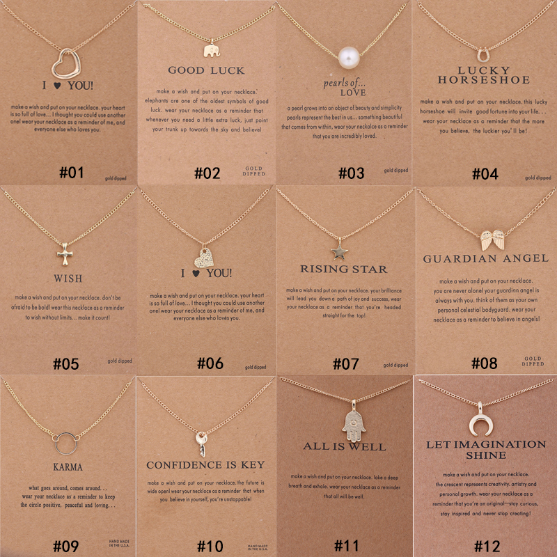 

2019 12 Styles Dogeared choker Necklace With card Gold Circle Elephant Pearl Love Wings Cross Key Pendant Necklace For Fashion women Jewelry
