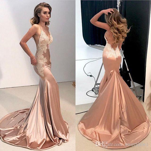 

2020 Elegant Spaghetti Straps Prom Dresses Backless Appliques Elastic Silk Like Satin Mermaid Formal Occasion Sexy Evening Dresses, Red