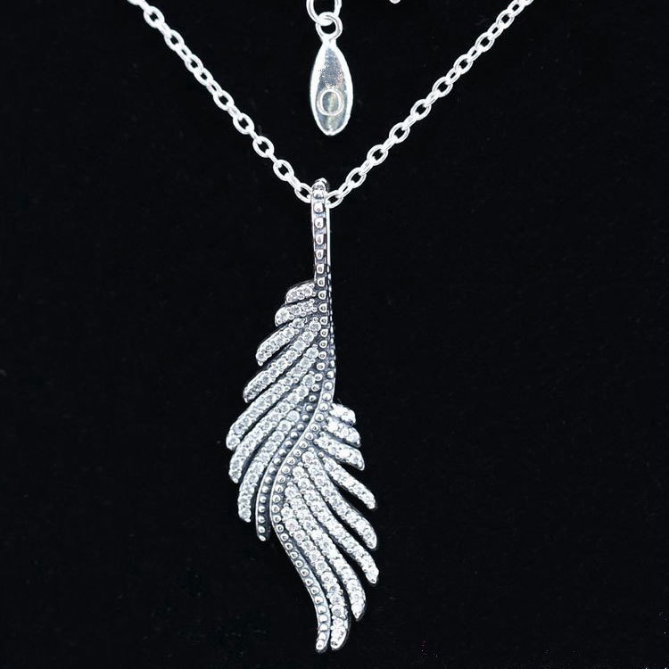

Wholesale-Magnificent Feather Pendant Necklace for Pandora Jewelry with Original Box 925 Sterling Silver CZ Diamond Lady Pendant Necklace