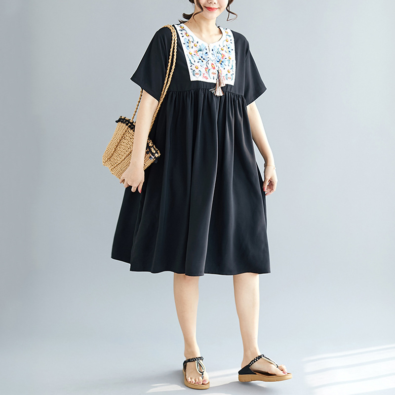 

Johnature Summer Folk Style Embroidery Loose Dress Women Splicing Tassel Tie Short Sleeve Casual Korean Knee-length Dresses 2019, Black