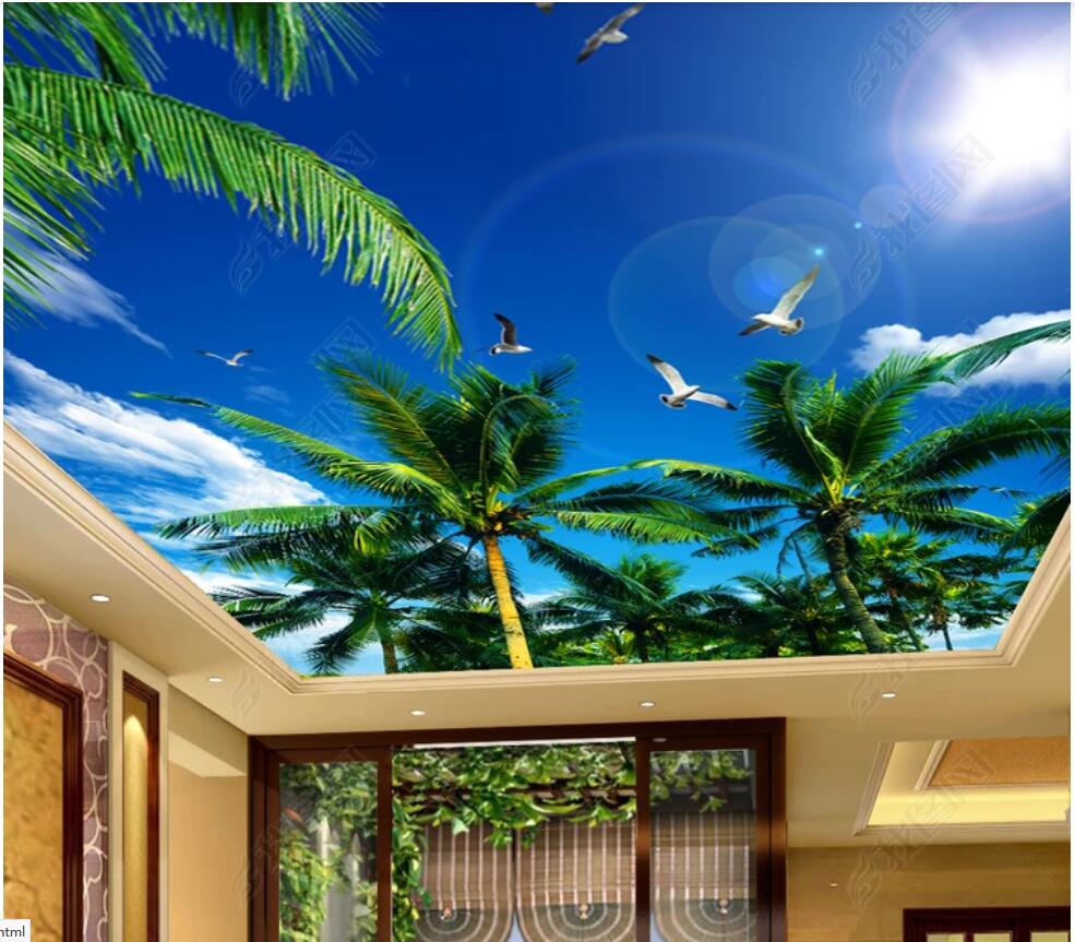 

3d ceiling murals wallpaper custom photo non-woven murals wallpaper for walls Coconut tree, blue sky, white clouds, seagull, ceiling, zenith, Picture shows