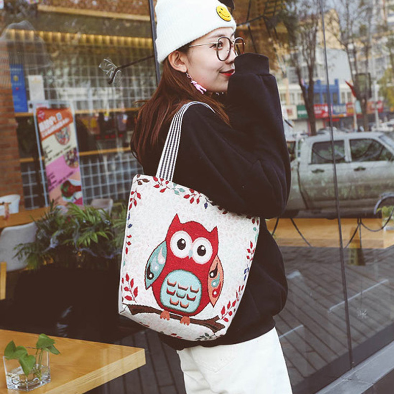 

Vintage Canvas Shopping Bag Cute Animal Shape Women Bags Portable Shoulder Bag Eco Friendly Foldable Reusable Tote Bags, Quiet owl