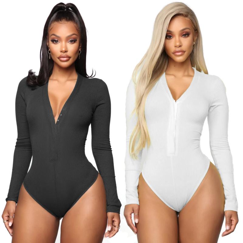 

New Spring Summer Rompers Womens Jumpsuit Leggings Woman Bodysuit Long-sleeved V-neck Rompers Sexy Bodysuit Cotton Overalls 2020, Black