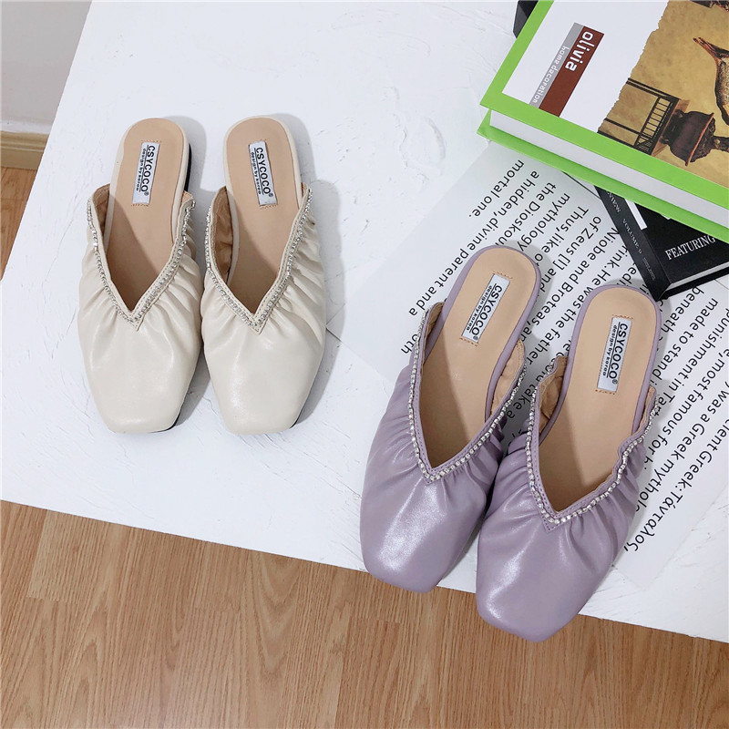

2020 Women Mules Flat Slippers Pleated Designers Leather Med Heel Slide Summer Outside Square Toe Shoes Woman Sexy Slides, Beige