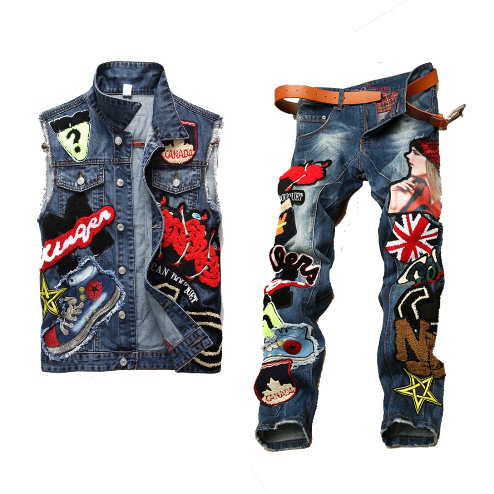 

Four Season Men's Motorcycle Two Piece Set 2020 Embroidered Beauty Badge Jeans Sets Washed Blue Denim Vest + Straight Slim Jeans, Vest and jeans
