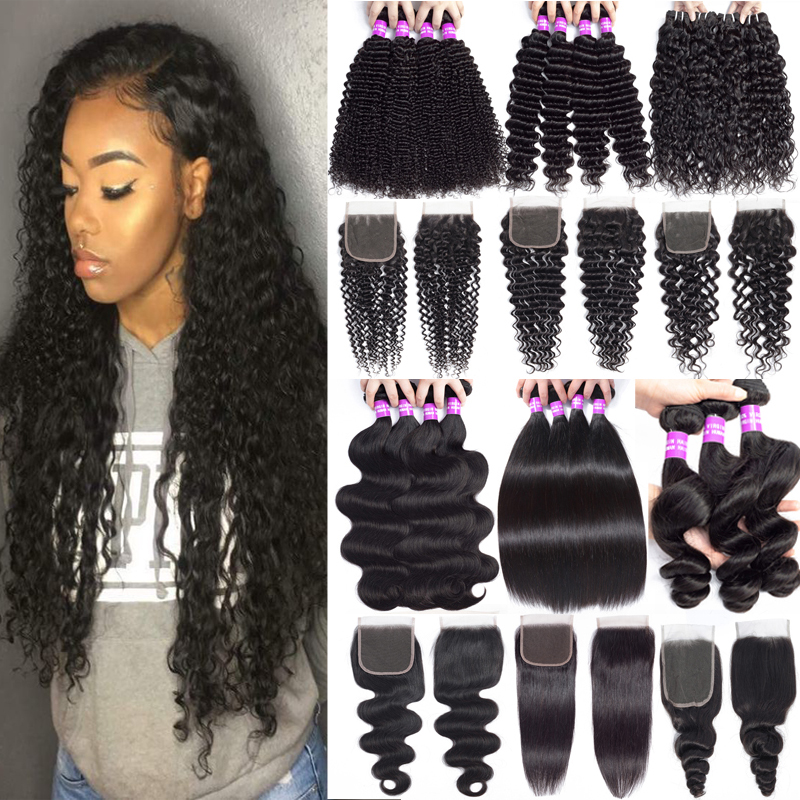 

Kinky Curly Human Virgin Hair Bundles With Closure 9A Mongolian Virgin Hair Bundles With 4x4 Closure 100% Human Hair Wefts With Lace Closure, Straight