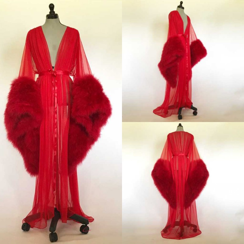 

Red Feather Womens Robe Ruffles Nightgown Bathrobe Sleepwear Bridal Robe with Belt V Neck Party Gifts Bridesmaid Dress Long Sleeve