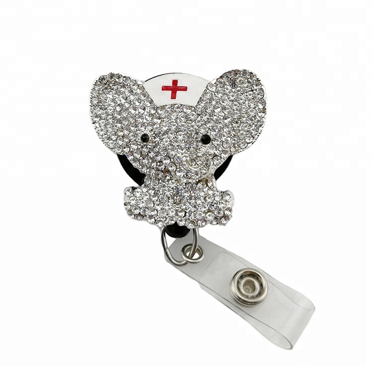 

10 pcs/a lot New Design Sparkly Rhinestone Crystal Animal Elephant Medical Doctor Nurse Retractable ID Badge Reel Holder, Gray