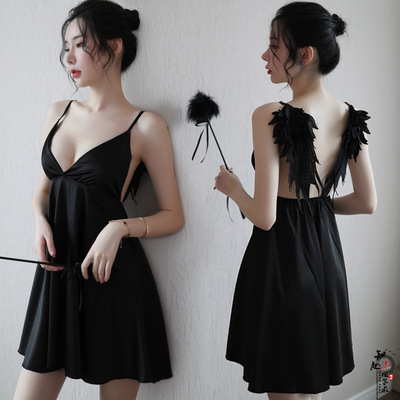 

New Sexy Lingerie Lady Angel Wings Sexy Strap Nightdress Set Backless Seduction Pajamas Wholesale  Shipping, Black