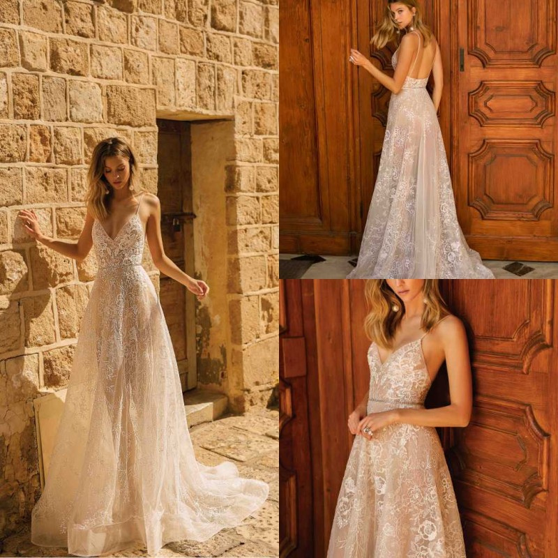 

Berta Bohemian Wedding Dresses 2020 Spaghetti Lace Appliques A Line Sweep Train Vestidos De Novia Custom Made Illusion Beach Wedding Gowns, Water melon