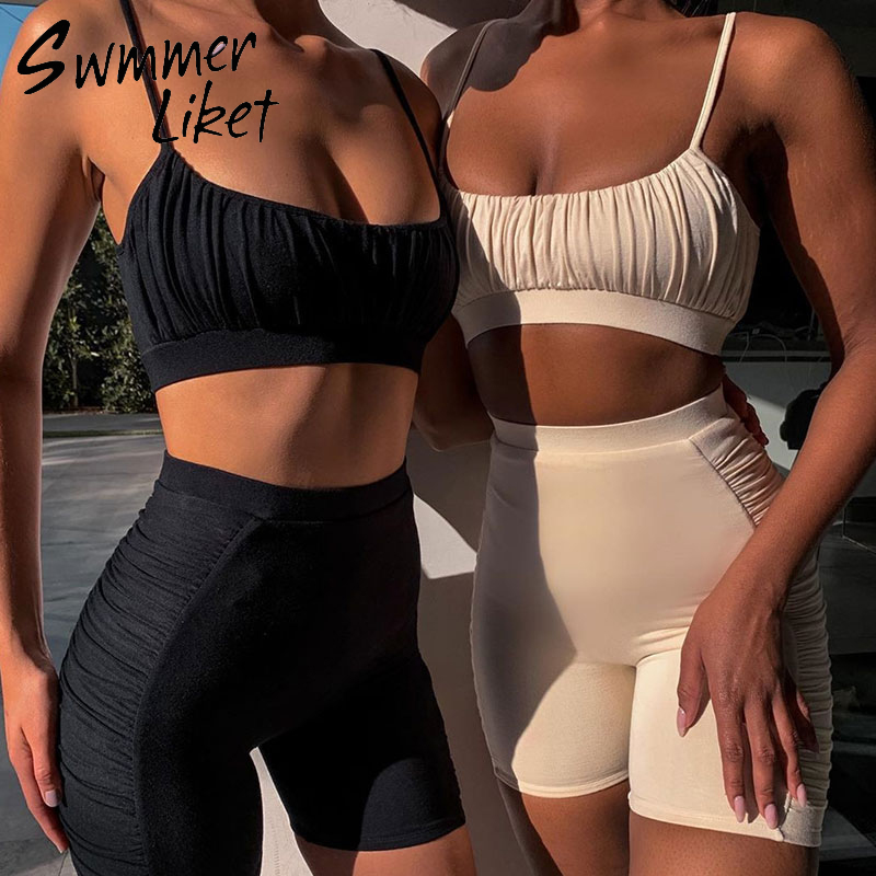 Sexy women 2PCS Yoga set female 2020 Sleeveless tank top bra and fitness shorts Pleated Yoga suit Tight gym sports clothes suit