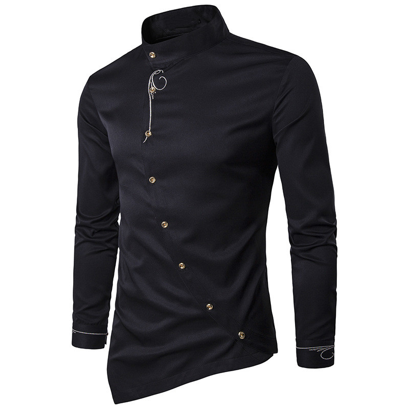 

2018 New Mens Hipster Casual Shirts Slim Fit Long Sleeve Button Down Dress Shirts Tops with Embroidery Plu Size 2XL, Black