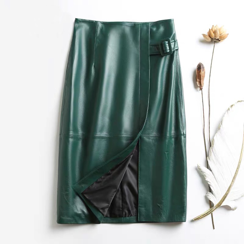 

Genuine leather pencil midi skirt belt ladies 2020 new fashion high waist sheepskin leather skirts womens, Black