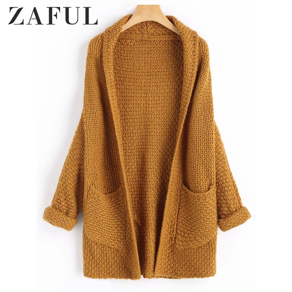 

ZAFUL Open Front Curled Sleeve Batwing Cardigan Women Sweaters Autumn Winter Long Loose Oversized Sweaters Cardigan Pull Femme, Black