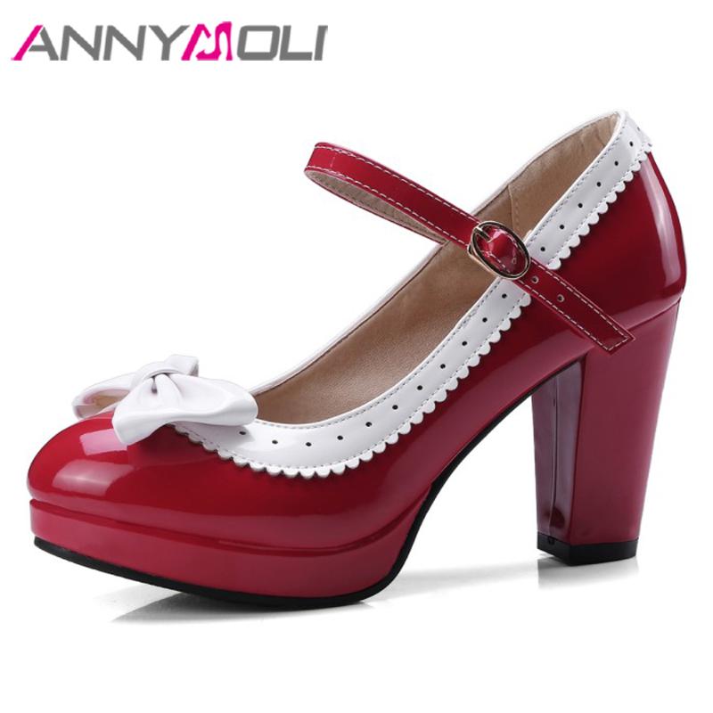 

ANNYMOLI Mary Janes Shoes Women High Heels Platform Block High Heel Shoes Bow Mixed Colors Pumps Spring Red Purple Big Size 3 43, Black