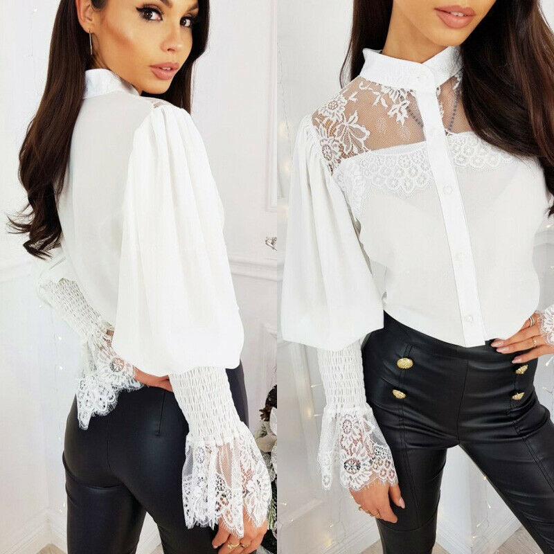 

2020 Women Lace Long Sleeve Blouse Office Ladies Spring Chiffon Blouses Shirts Flower Embroidery Lace Insert Female Clothing, Black