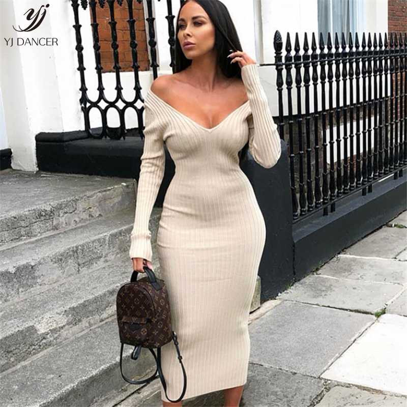 

Sexy V-Neck Long-Sleeved Dress 2018 Spring And Autumn Strapless Long Slim Knit Bottoming Skirt Female Slim Sweater Skirt H0347, Beige