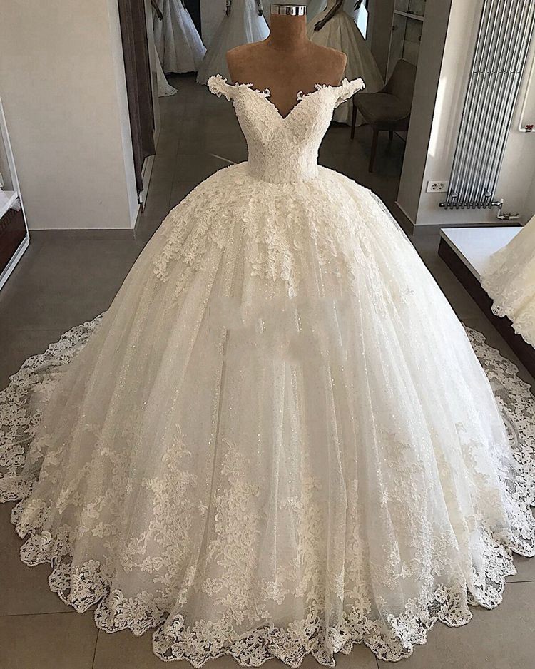 

Gorgeous Off Shoulder Arabic Dubai Princess Ball Gown Wedding Dresses Lace Applique Sweep Train abito da sposa vestido de novia, White