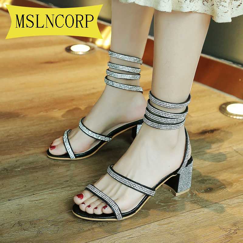 

Plus Size 34-44 New Women High Heels Sandals Summer Square Heels Crystal Heeled Platform Shoes Sexy Party Wedding Lace Up Shoes, Black