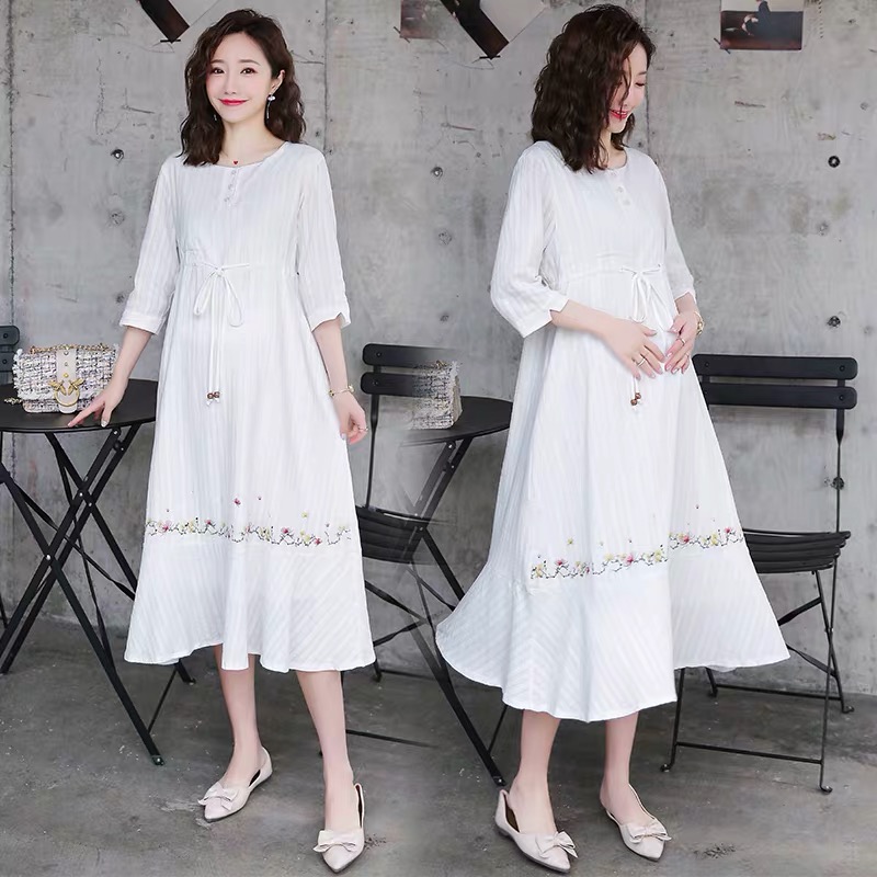 

Afei Tony Floral Embroidery Cotton Maternity Dress 2020 Spring Summer Fashion Loose Clothes for Pregnant Women Pregnancy, Short sleeve