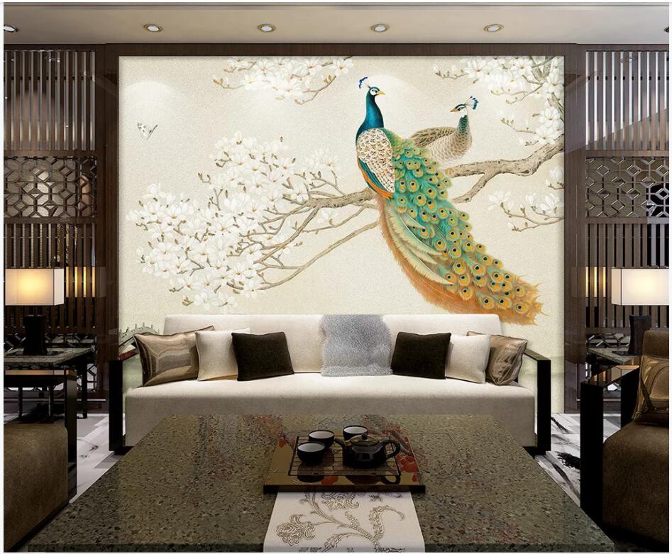 

WDBH 3d wallpaper custom photo Chinese ink magnolia bird peacock background living room Home decor 3d wall murals wallpaper for walls 3 d, Non-woven wallpaper