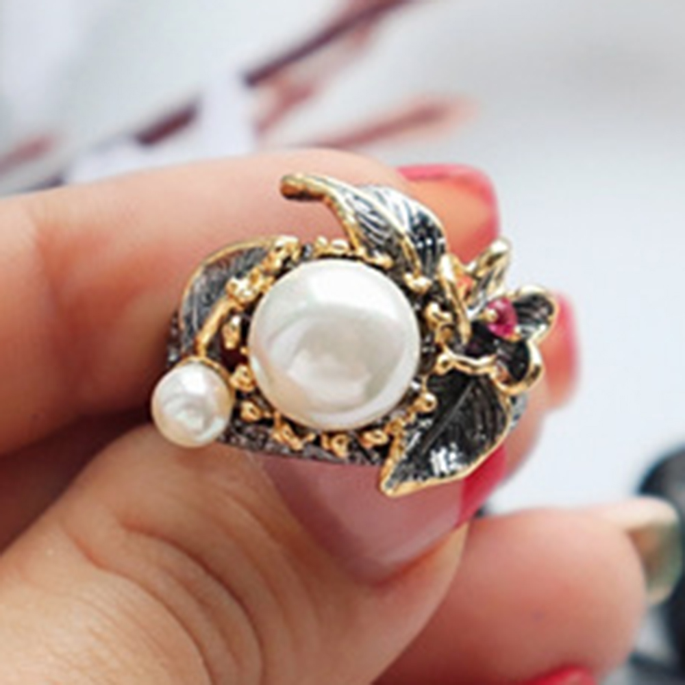 

2019 vintage womens ring pearl leaf flower Luxury jewellery best birthday gift for wife elegant party jewelry rings