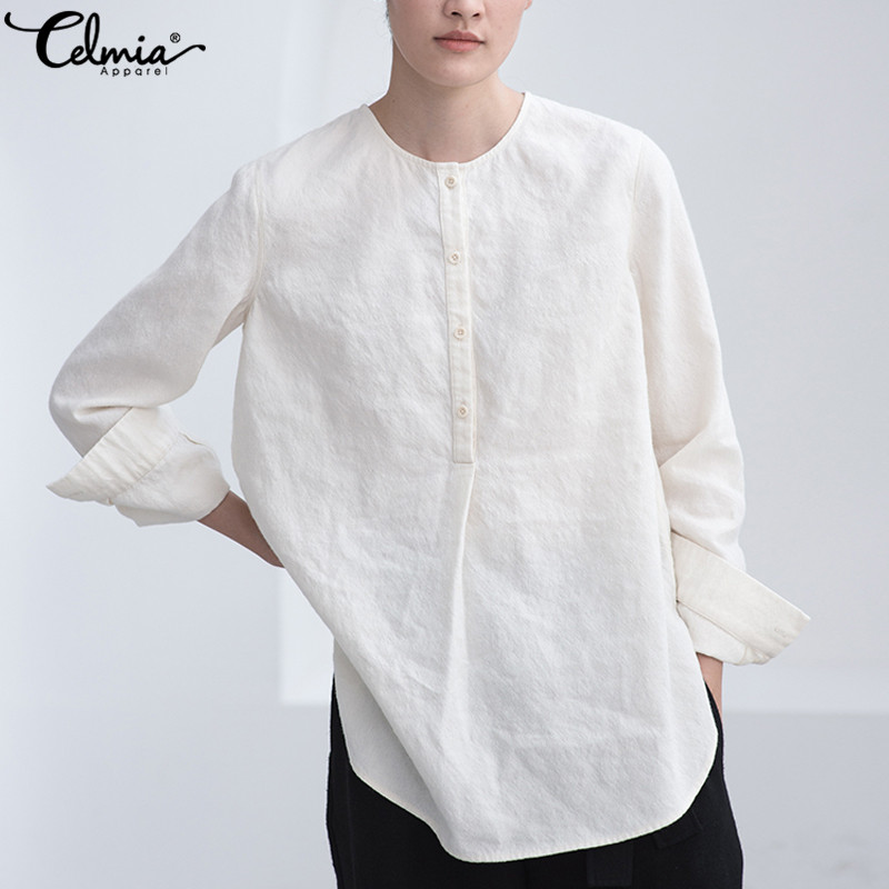 

Celmia 5XL Vintage Cotton Blouse Women Asymmetrical Long Sleeve Plus Size Tops Casual Buttons Loose Blusas Femininas Shirts 2020, Beige