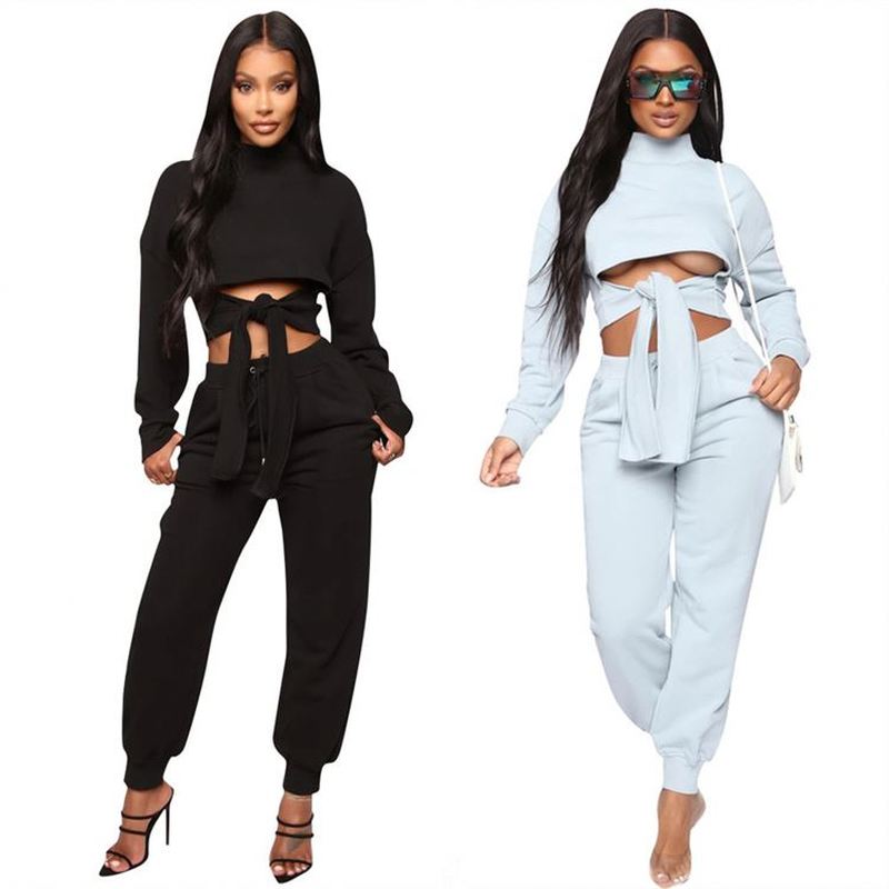 

2 Piece Sets Womens Outfits Matching Sets Crop Tops Front Tie Solid Long Sleeve Casual Women Two Piece Set Clothing, Black