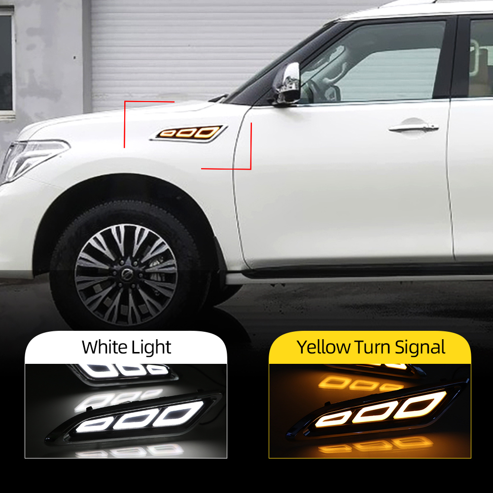 

LED DRL Flowing Turning Light Signal Lamp Side Vents Sticker For Nissan Patrol Y62 Armada 2014 2015 2016 2017 2018 2019 2020