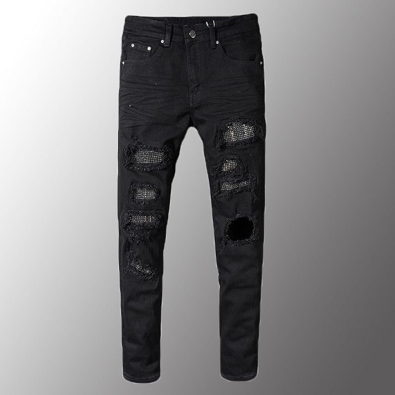 

Mens Men's Slim Skinny Crystal Rhinestone Patchwork Ripped Jeans Fashion Patch Black Stretch Denim Pants