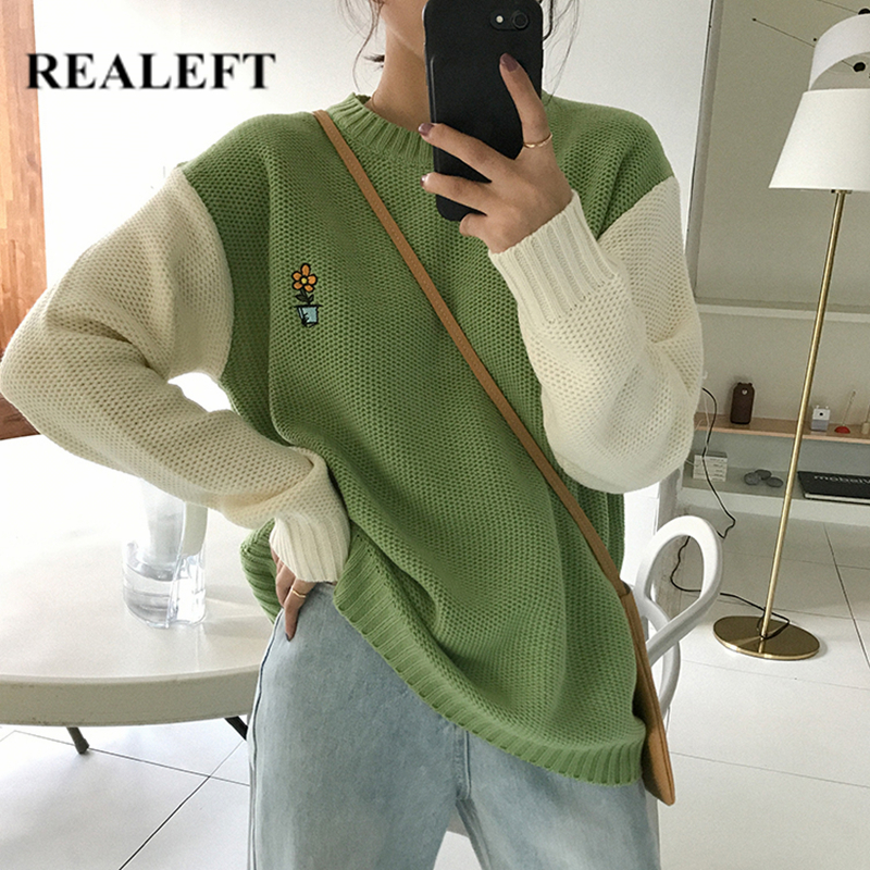 

REALEFT Autumn Winter Warm Long Sleeve O-Neck Embroidery Loose Women's Sweaters Pullover Korean Style Minimalist Knitting Sweater Casual, Green