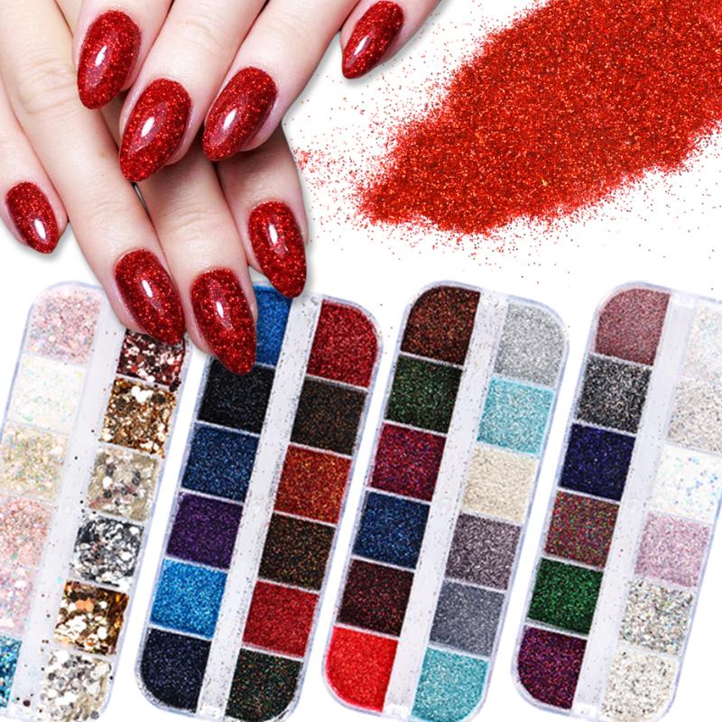

12 Grids Nail Art Pigment Powders Hexagon Sequins Holographic Glitter Irregular Pailettes Flakes Chrome Dust Nail Decoration LYF