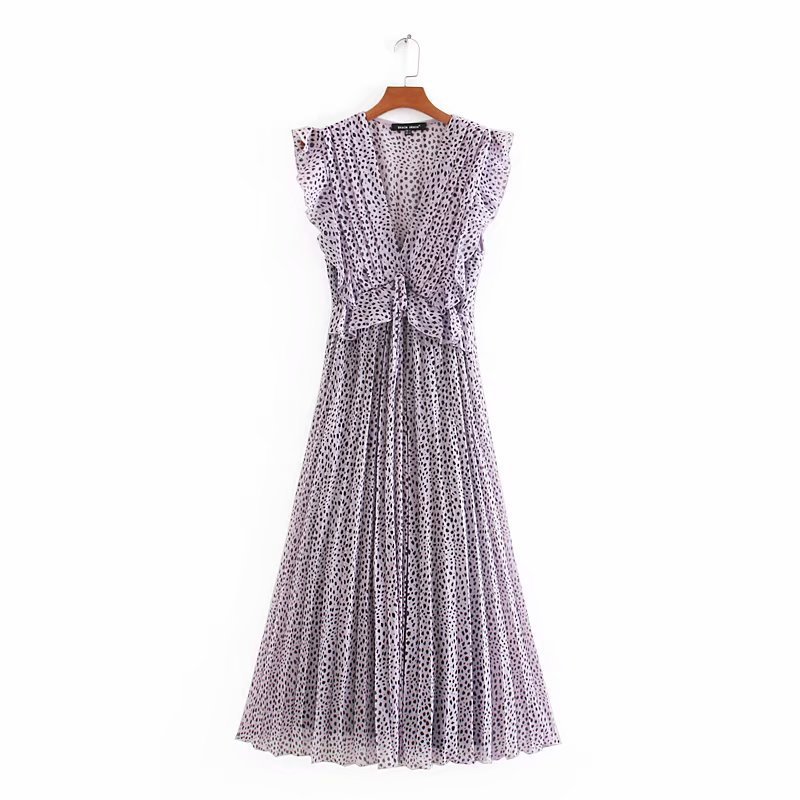 

Cc9711-2020 new cross-border fashion retro V-neck printed small pleats slim dress, See chart