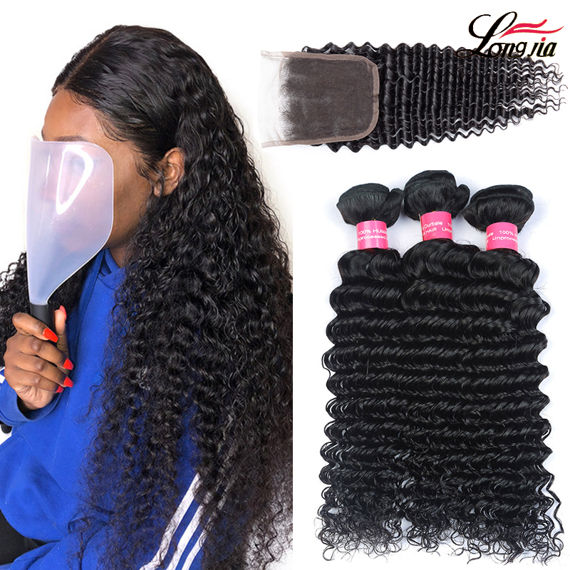 

Wholseale Brazilian Deep wave Hair 3 Bundles With Closure 8A Brazilian human hair With 4x4 Closure Unprocessed Brazilain deep Hair extension, Natural color