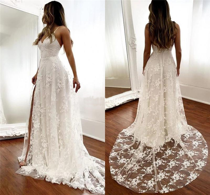

Setwell Spaghetti A-line Wedding Dresses Sleeveless Sexy Backless Lace Appliques Floor Length High Split Beach Bridal Gowns, Customize