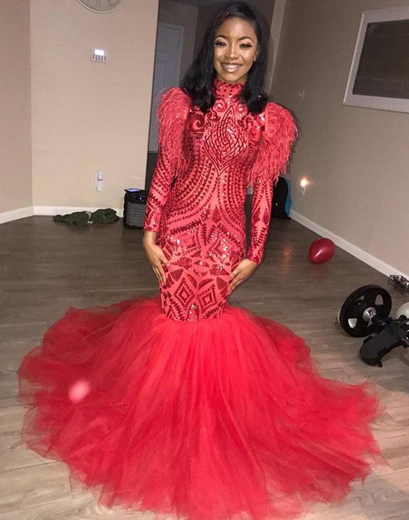 

Red Mermaid Prom Dresses High Neck Lace Feather Long Sleeves Tulle Vestido de Festa Party Evening Gowns, Gray