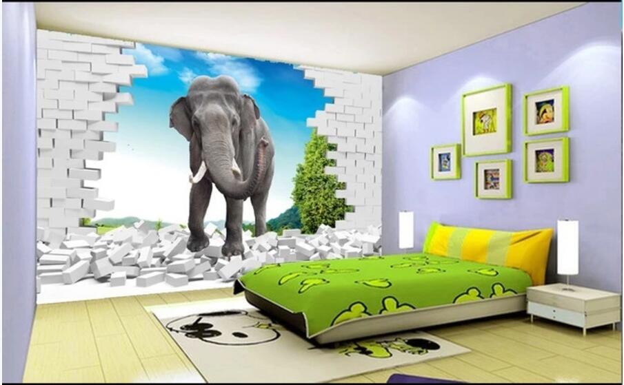 

WDBH custom photo mural 3d wallpaper Elephant breaking wall background home decor living room 3d wall murals wallpaper for walls 3 d, Non-woven wallpaper