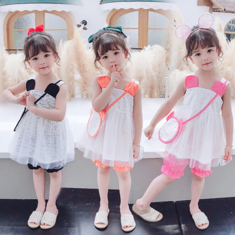 

Sweet Girls Clothes Summer Gauze Top+Shorts+Bags 3pcs Kids Clothes Princess solid color New