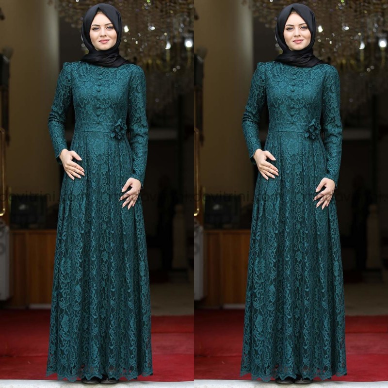 

Spring 2020 Muslim Lace Evening Dresses with Long Sleeves Jewel Neck A Line Full Length Ink Blue Arabic Evening Gowns Dresses with Hijab, Champagne